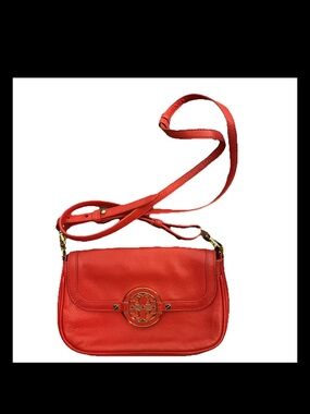 Tory Burch Coral-Red Pebble Leather Crossbody with Gold Logo